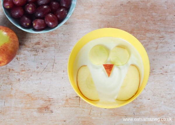 How to make fun and easy owl yogurt bowls for kids - step 4 add an apple beak