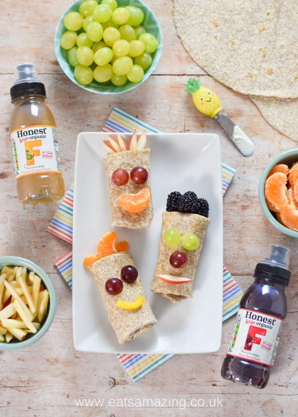 How to make funny face fresh fruit wraps - a fun and easy recipe for kids that is perfect for breakfast snacks and a healthy dessert
