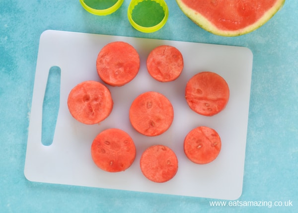 How to make watermelon ladybirds - step 1 cut circles from the watermelon
