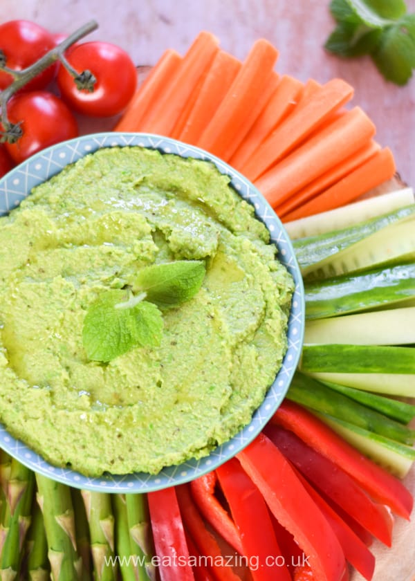 Kid friendly easy pea and mint houmous recipe - serve this yummy houmous up with crunchy veg for healthy snacks or party food