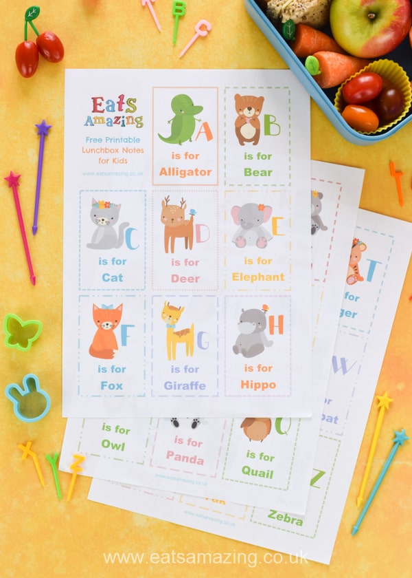 Dowload and print your FREE Animal Alphabet themed lunchbox notes for kids - these fun notes make cute lunch time surprises easy - just print and cut