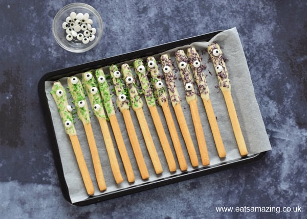 Edible Monster Breadstick Wands recipe - step 3 add candy eyes
