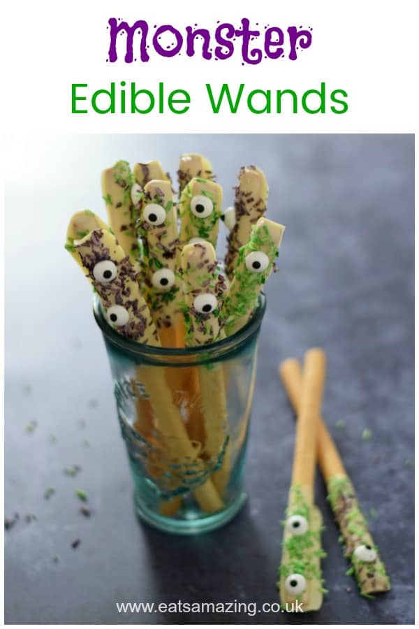 Fun Monster Edible Wands recipe - quick and easy Halloween Party food for kids #EatsAmazing #Halloween #HalloweenFood #Halloweenparty #partyfood #halloweenfun #kidsfood #funfood #easyrecipe #halloweenrecipes #monsters