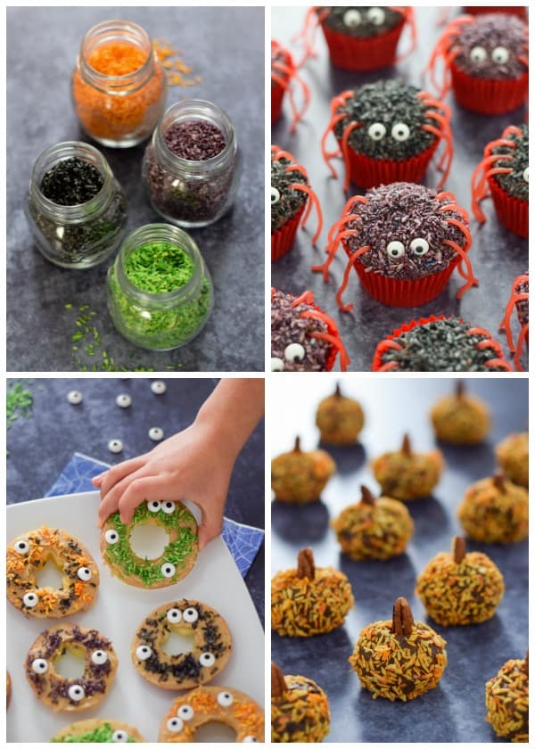 Fun and easy Halloween recipes for kids made using homemade coconut sprinkles in spooky Halloween colours