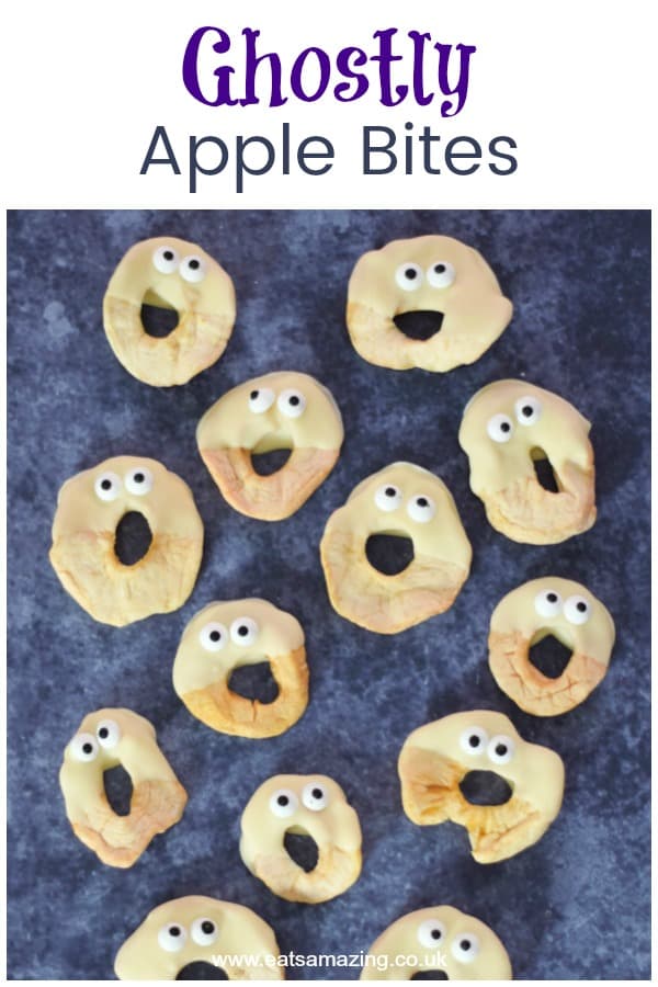 How to make apple ghosts - fun and easy Halloween recipe for kids that is perfect for Halloween party food and favours #EatsAmazing #Halloween #HalloweenFood #Halloweenparty #partyfood #halloweenfun #kidsfood #funfood #easyrecipe #halloweenrecipes #ghosts #apple 