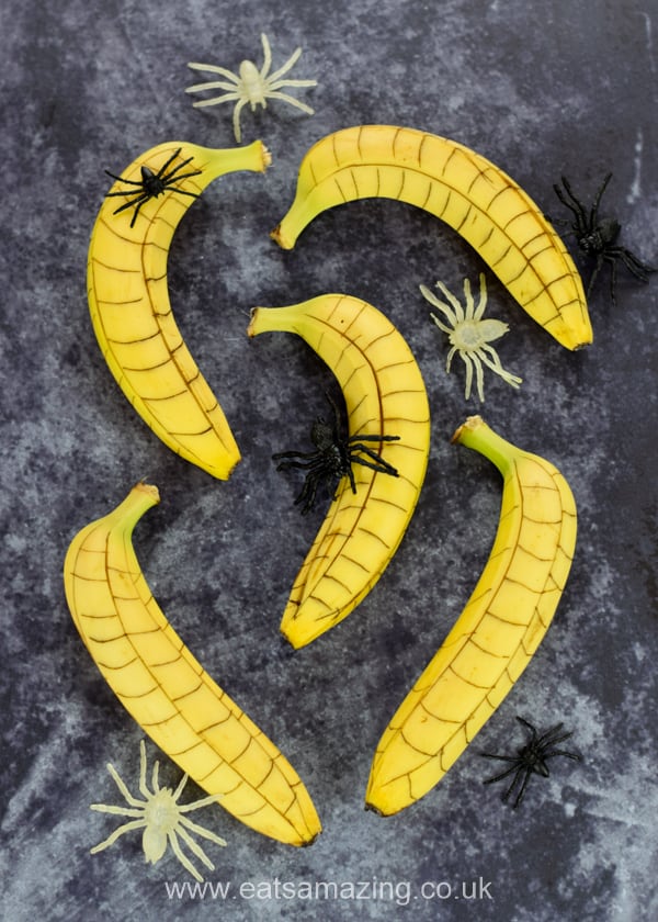 How to make spooky spiderweb bananas - quick easy and healthy fun food for kids for Halloween