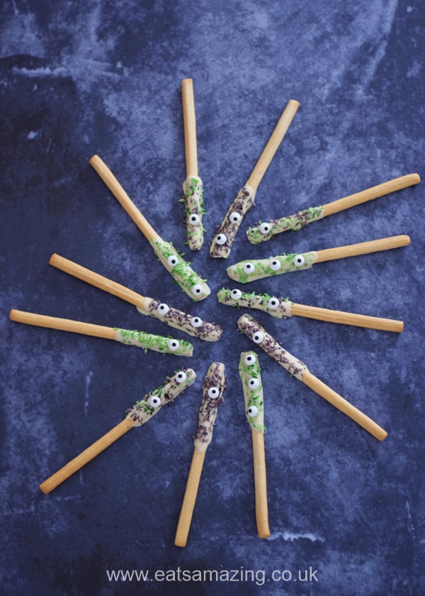 Monster breadstick wands - this fun recipe is perfect for kids Halloween party food and treats
