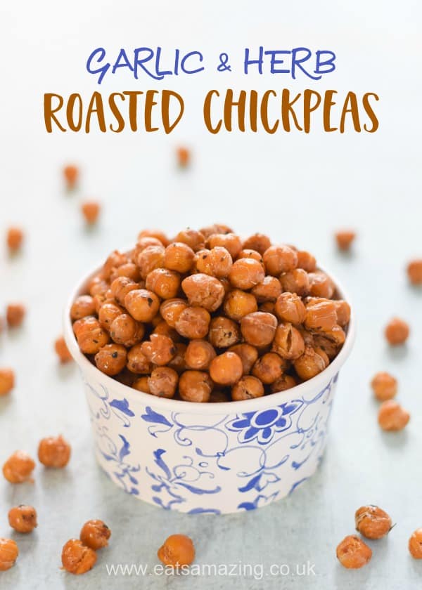 Easy oven roasted garlic and herb chickpeas recipe - a great healthy snack for lunch boxes and after school