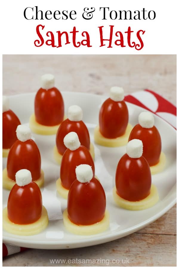 Easy cheese and tomato Santa hats recipe - fun Christmas party food idea for kids - with video tutorial #EatsAmazing #ChristmasFood #FunFood #partyfood #Christmasparty #christmas #foodart #kidsfood #healthykids #easyrecipe 