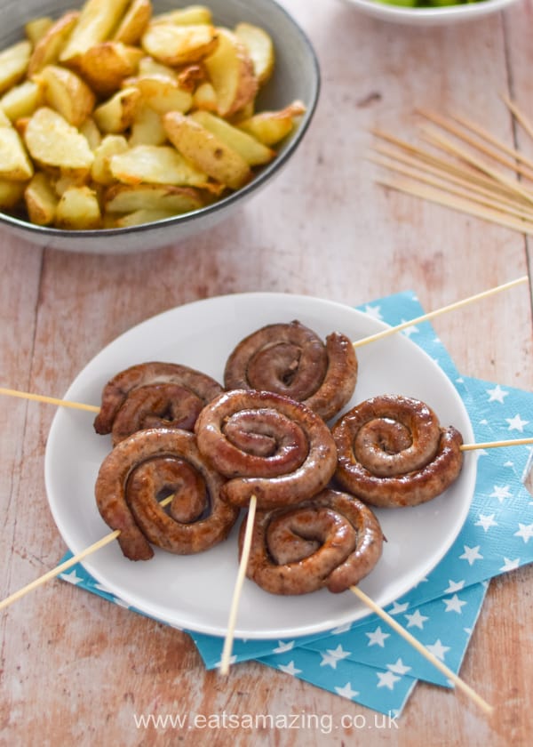 How to make your own Cumberland Sausage Swirls - serve on a stick for fun Firework themed food for New Years Eve and Bonfire Night