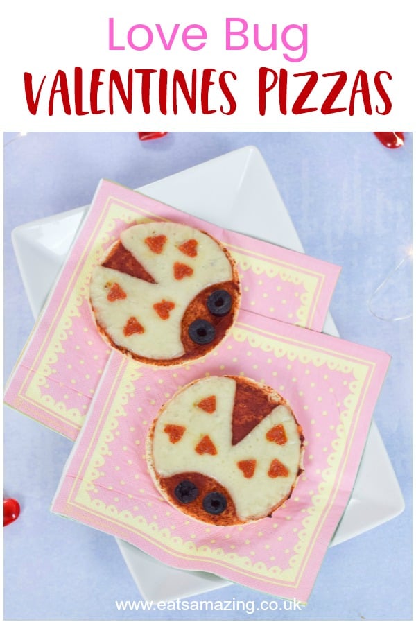 Cute Love Bug Pizzas Recipe - Fun Valentines Food for Kids - with video tutorial #EatsAmazing #ValentinesDay #ValentinesFood #KidsFood #FunFood #pizza #foodart #cutefood #partyfood #ladybug #ladybird