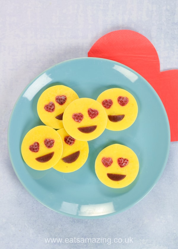Cute love emoji frozen yogurt bites - fun and easy recipe for kids that is great for snacks or a healthy dessert