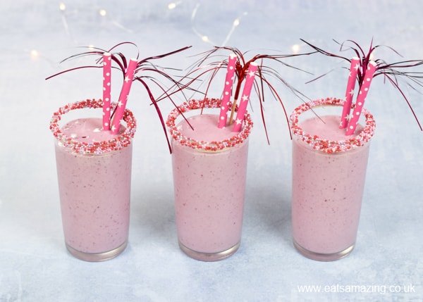 Easy pink berry milkshake recipe for kids - fun treat idea that is perfect for Valentines day and kids parties