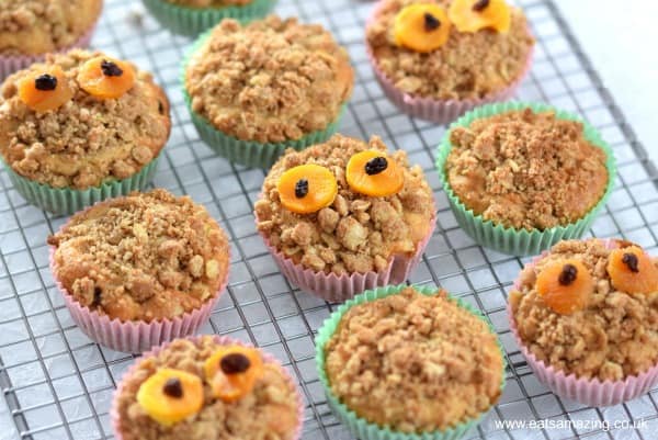 Fun and easy Gruffalo crumble muffins recipe - crumbled topped muffins cooling on a wire rack