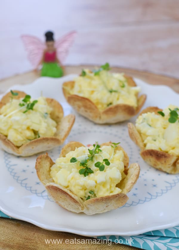 Fun egg and cress tortilla cups recipe - these cute edible flower cups make great picnic or party food for kids