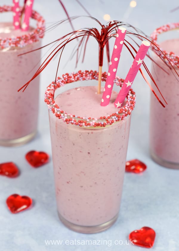 How to make an easy berry milkshake - fun Valentines recipe for kids with tutorial for sprinkle topped glasses too