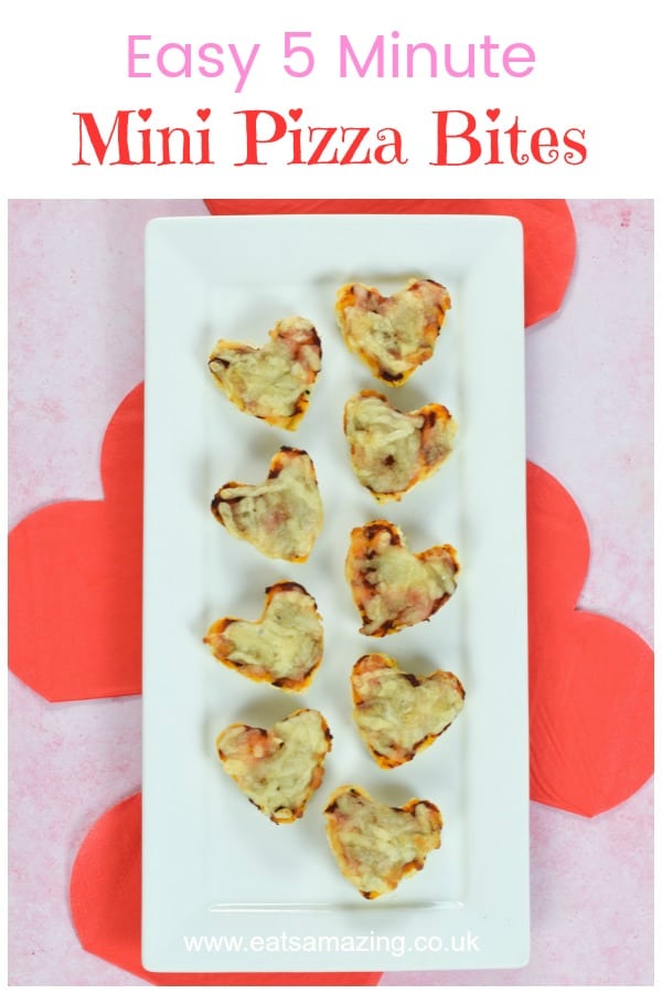 Quick and easy 5 minute pizza bites recipe - fun way to make fun food for kids from leftover naan bread #EatsAmazing #pizzarecipes #partyfood #kidsfood #funfood #pizza #valentinesday #valentinesrecipes #easyrecipe #lunchideas 