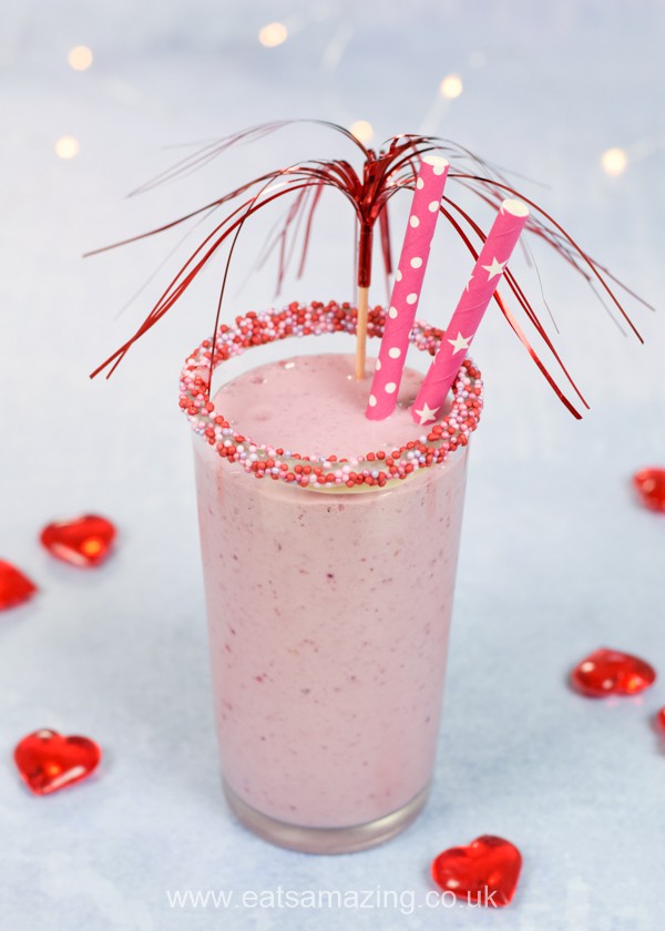 Quick and easy pink berry milkshake recipe for kids - fun Valentines Day breakfast or treat idea