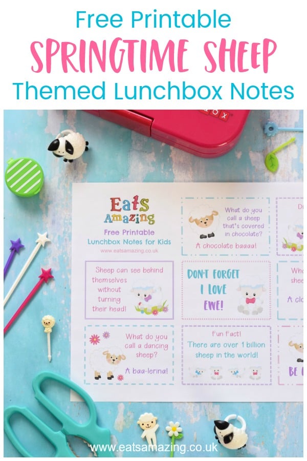 Download your FREE Springtime Sheep themed lunchbox notes for kids - with sheep jokes quotes and fun facts #EatsAmazing #Easter #lunchbox #lunchboxnotes #schoollunch #lunchnotes #kidsfood #funfood #bento #packedlunch #printable #freeprintable #jokes #funfacts #facts #easterfun 