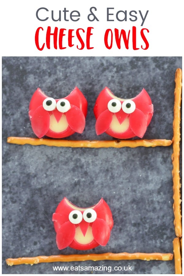 How to make cute and easy cheese owls - fun party food idea for kids for a Harry Potter or Halloween party #EatsAmazing #funfood #foodart #partyfood #kidsfood #owls #babybel #cutefood #healthykids #kidsparty #halloween #harrypotter 