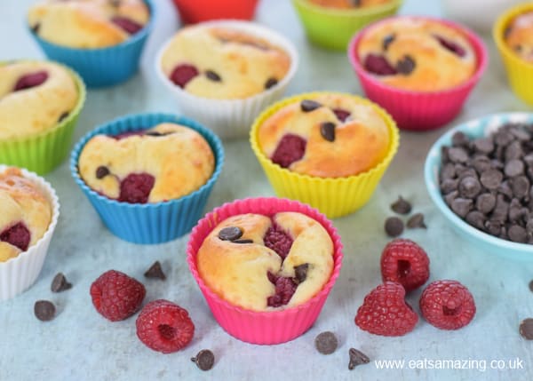 Quick and easy raspberry chocolate chip pancake muffins recipe - a great make-ahead breakfast idea for kids