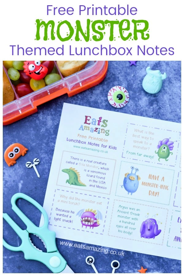 Download your FREE Monster themed lunchbox notes for kids - with monster jokes quotes and fun facts