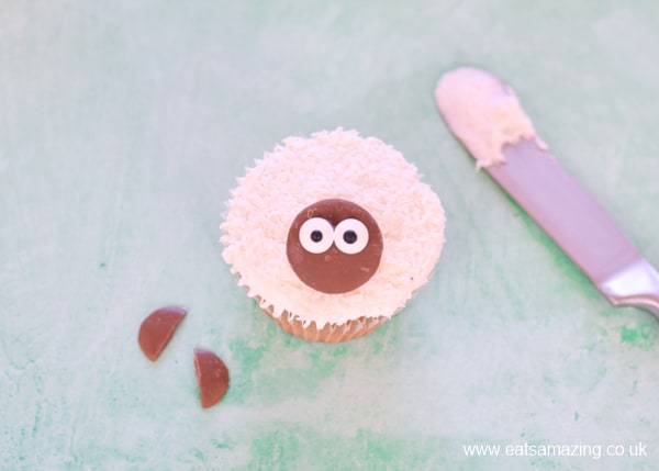 How to make lamb cupcakes - step 3 - add chocolate button face
