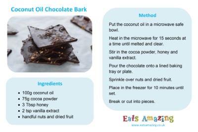 Coconut Oil Chocolate Bark Recipe - go to blog post for full size printable recipe sheet