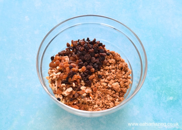 How to make easy homemade granola - step 5 mix in optional extras like dried fruit and nuts