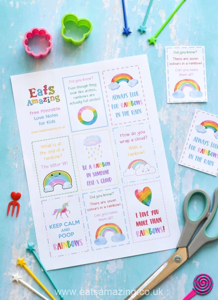 FREE Gorgeous Rainbow themed love notes for kids - print and cut out for ready-made notes to make them smiles