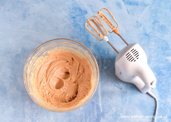 How to make peanut butter jelly star cookies - step 1 whisk peanut butter and butter together