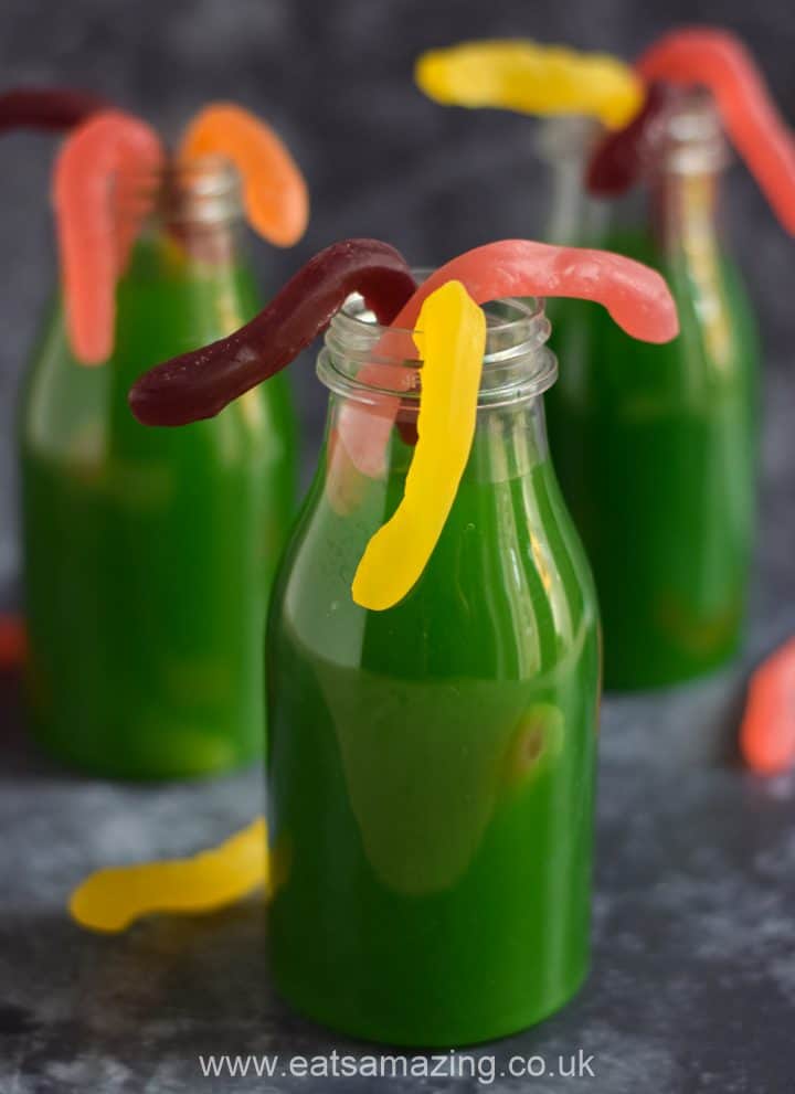 Fun Halloween mocktail for kids - easy worm juice recipe for parties and spooky treats at home