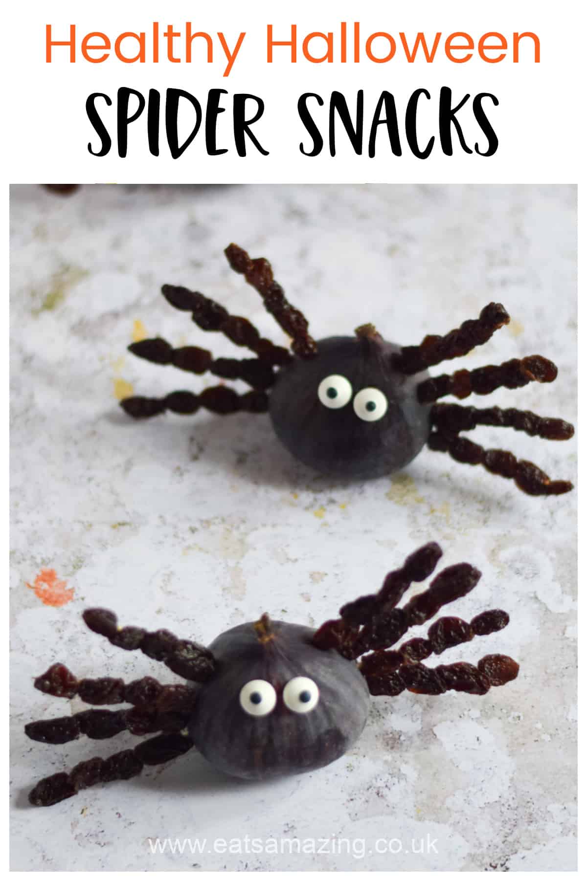 Divertida idea de comida saludable para la fiesta de Halloween: estas arañas de higos y pasas hacen una gran comida temática de araña fantasmagórica para los niños