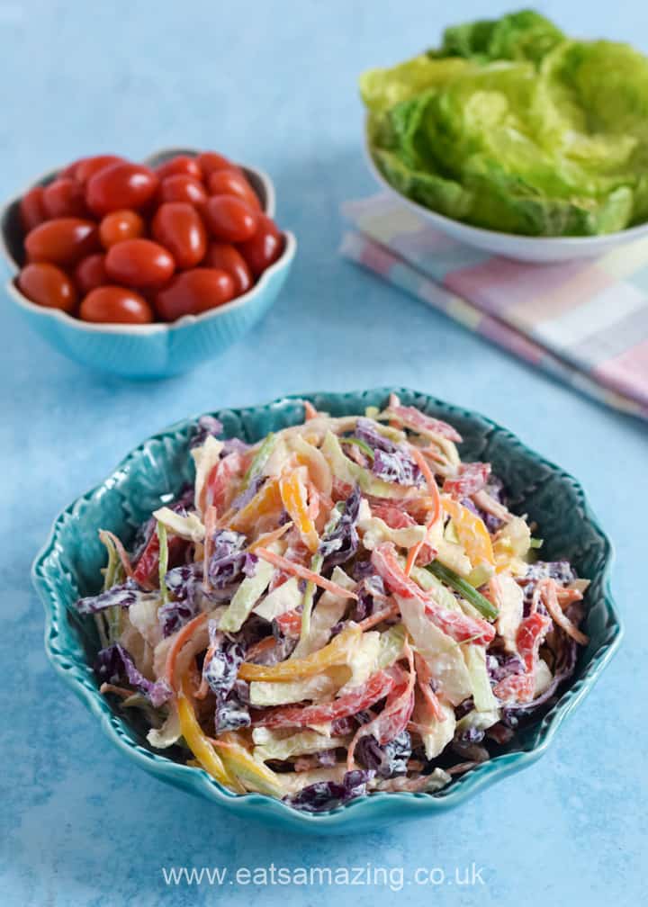 Easy Rainbow coleslaw recipe - fun and healthy side dish for kids