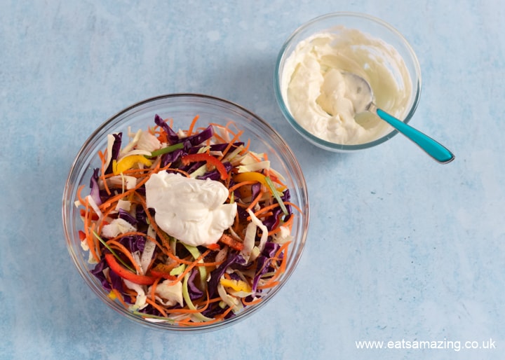 How to make easy Rainbow coleslaw - step 4 add yogurt and mayo dressing