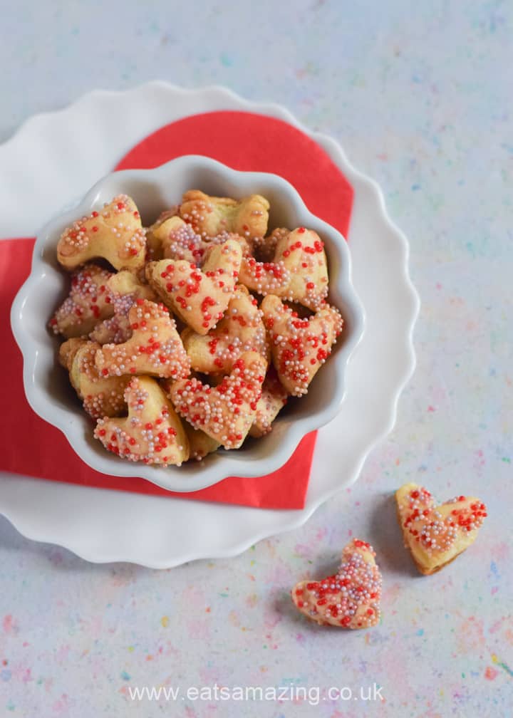 How to make cute and easy sprinkle covered puff pastry hearts - fun and easy Valentines Day recipe for kids