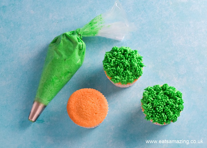 How to make easy Easter cupcakes - step 1 pipe buttercream grass on top of each cupcake