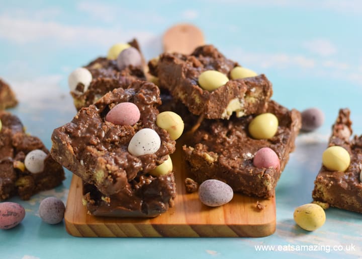 How to make quick and easy mini egg chocolate fridge cake - no bake Easter dessert idea