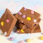 Super easy milk chocolate microwave fudge with mini eggs - great Easter recipe for kids