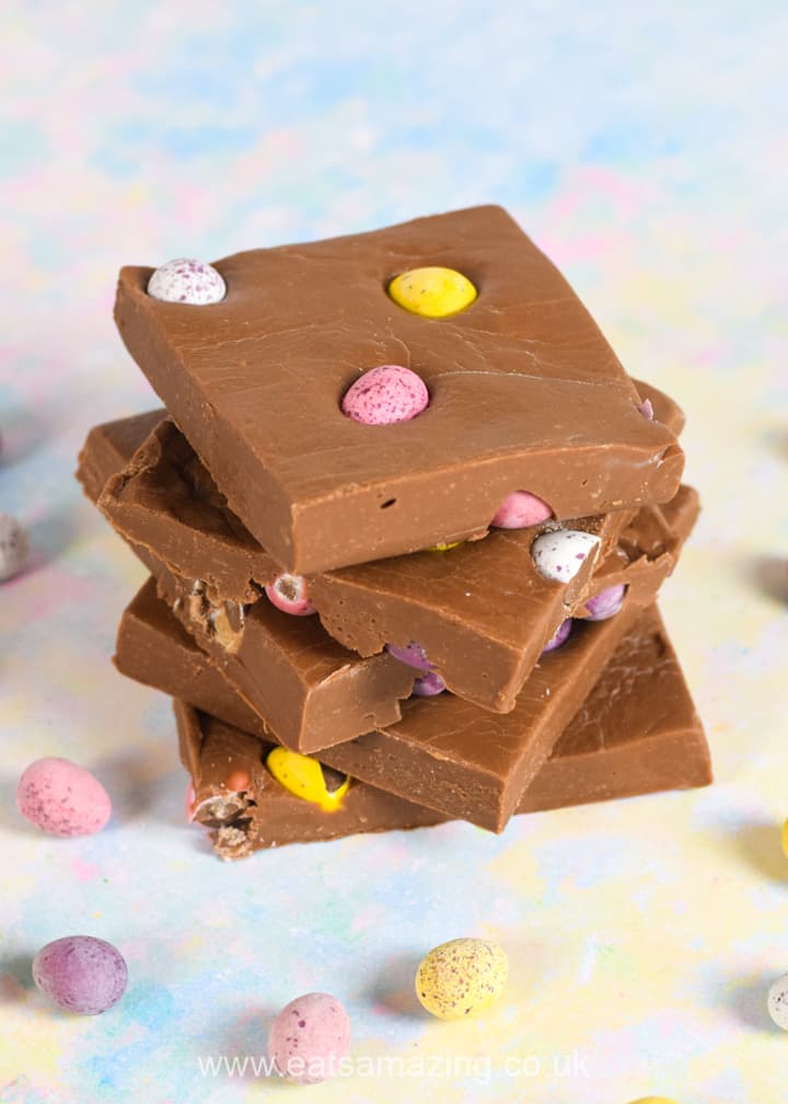 Super easy milk chocolate mini egg fudge made in the microwave = easy Easter recipe for kids