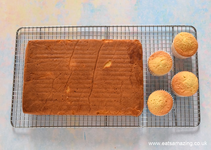 How to make a HARIBO Gummy Bear Cake - step 1 bake 4 cupcakes and 1 sheet cake