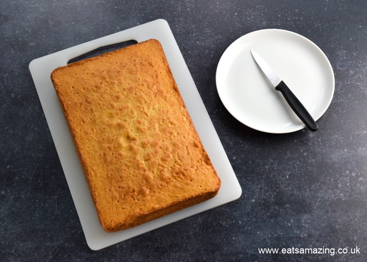 How to make an easy Among Us Crewmate Cake - step 1 start with rectangle cake