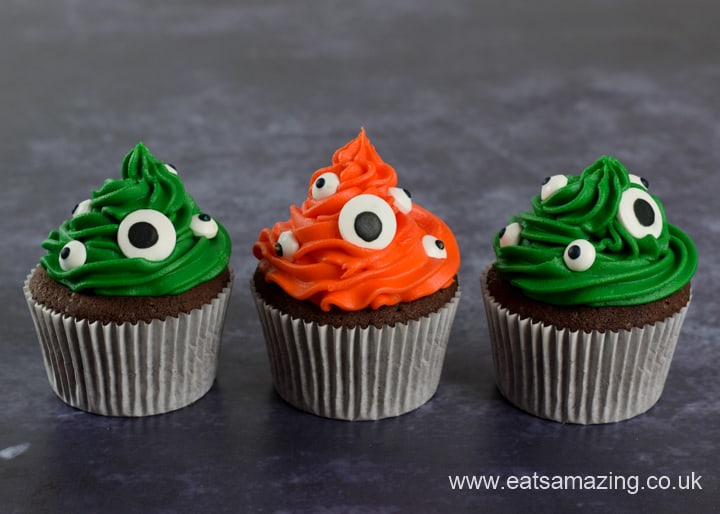 Fun and easy Monster cupakes recipe for Halloween baking with kids