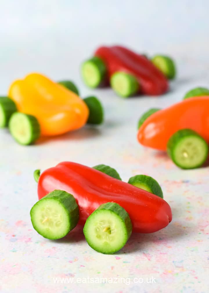 Coches de verduras divertidos y fáciles: perfectos para comida con temática de coche para niños.
