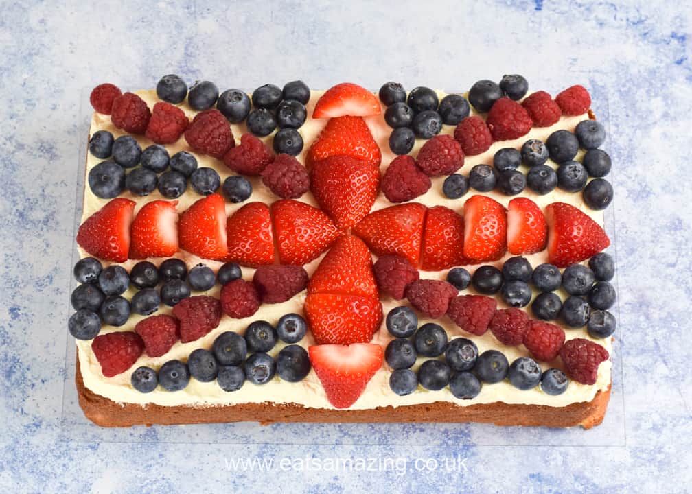 Celebrate the Royal Jubilee with this amazing Union Jack themed cake recipe - with whipped cream and summer berries