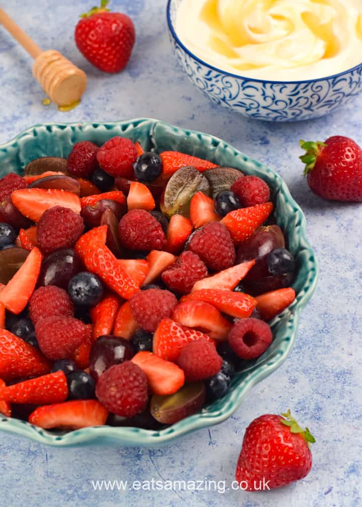 How to make a quick and easy berry fruit salad with honey orange dressing - easy recipe for kids