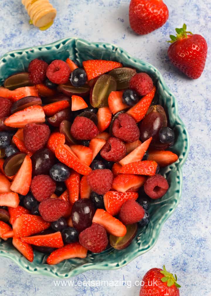 Quick and easy summer berry fruit salad recipe for kids with simple 2 ingrdient dressing - easy healthy dessert