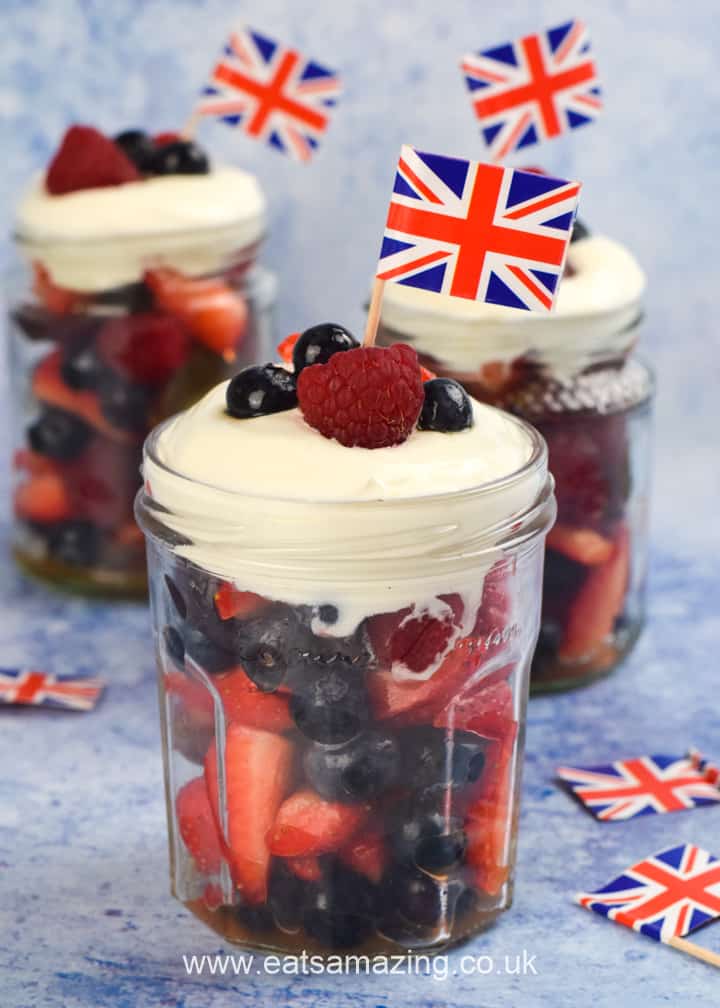 These fun and easy red white and blue fruit salad jars recipe make a great Royal Jubilee Dessert