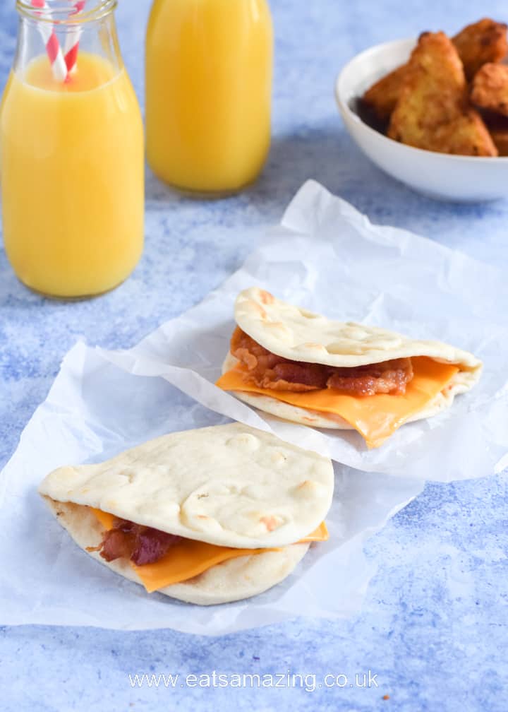 These quick and easy fakeaway McDonalds breakfast cheesy bacon flatbreads make a great weekend breakfast or brunch