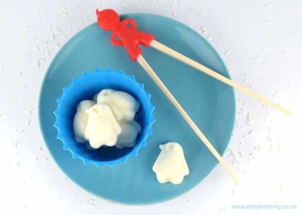 Coconut frozen yoghurt bites recipe - a yummy healthy snack idea for kids - Use chopsticks for extra fun